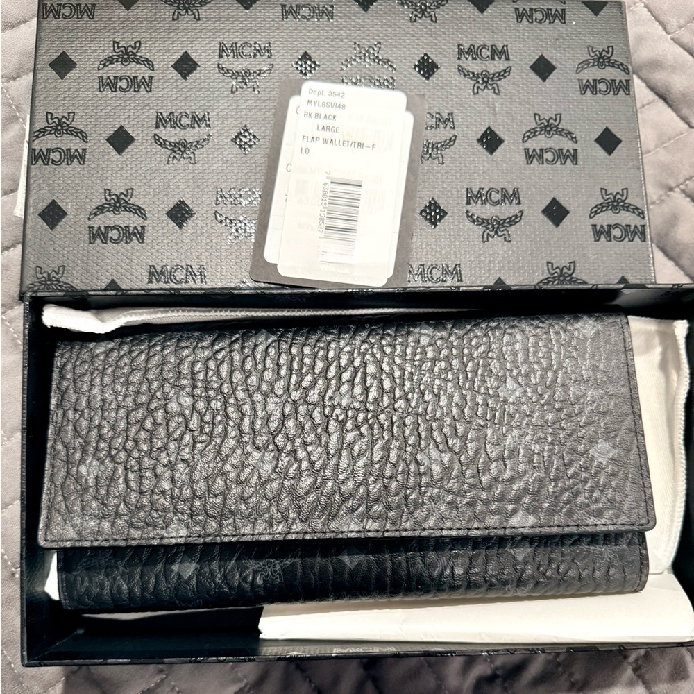 MCM Large Trifold Visetos Long Wallet Black Monogram Coated Canvas Leather Trim